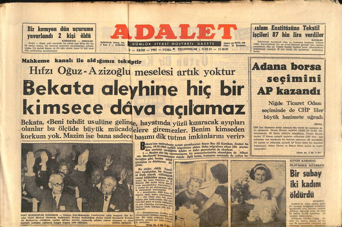 Adalet Gazetesi 25 Ekim 1963 - Bekata Aleyhine Hiç Bir Kimsece Dava Açılamaz! - Düşük Bekata Perişan Oldu! GZ139678 - 1