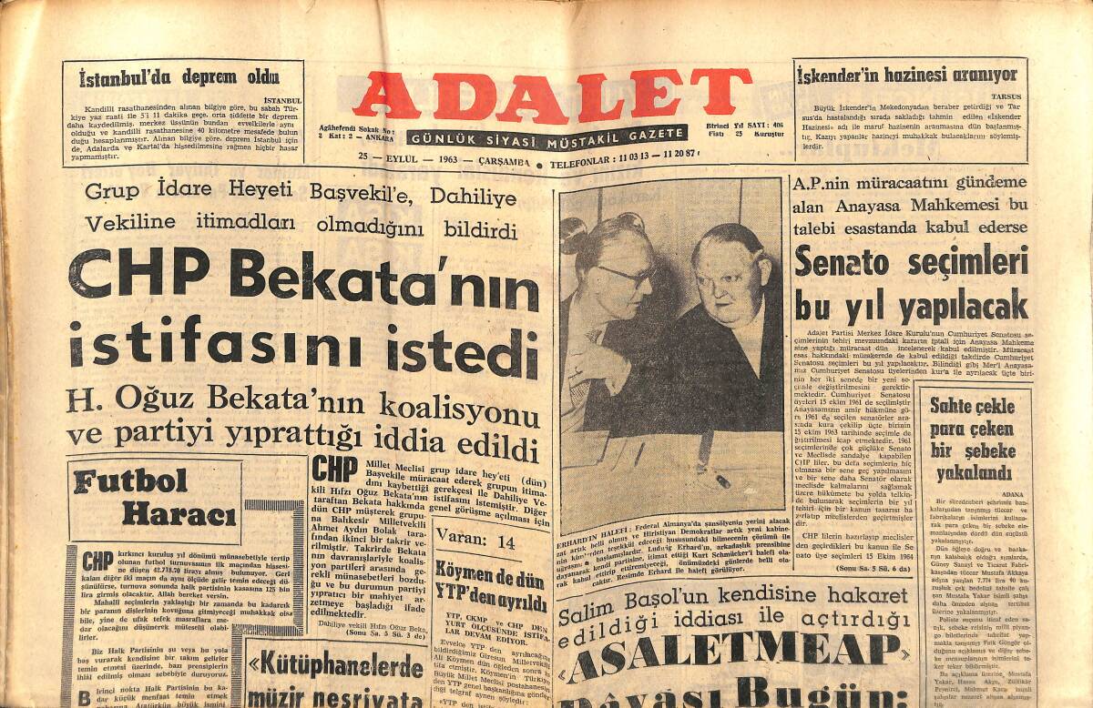 Adalet Gazetesi 25 Eylül 1963 - CHP Bekata'nın İstifasını İstedi - Fifa Çok Sert Tedbirler Alıyor - Okulun Babası Eski Sümerliler GZ139736 - 1