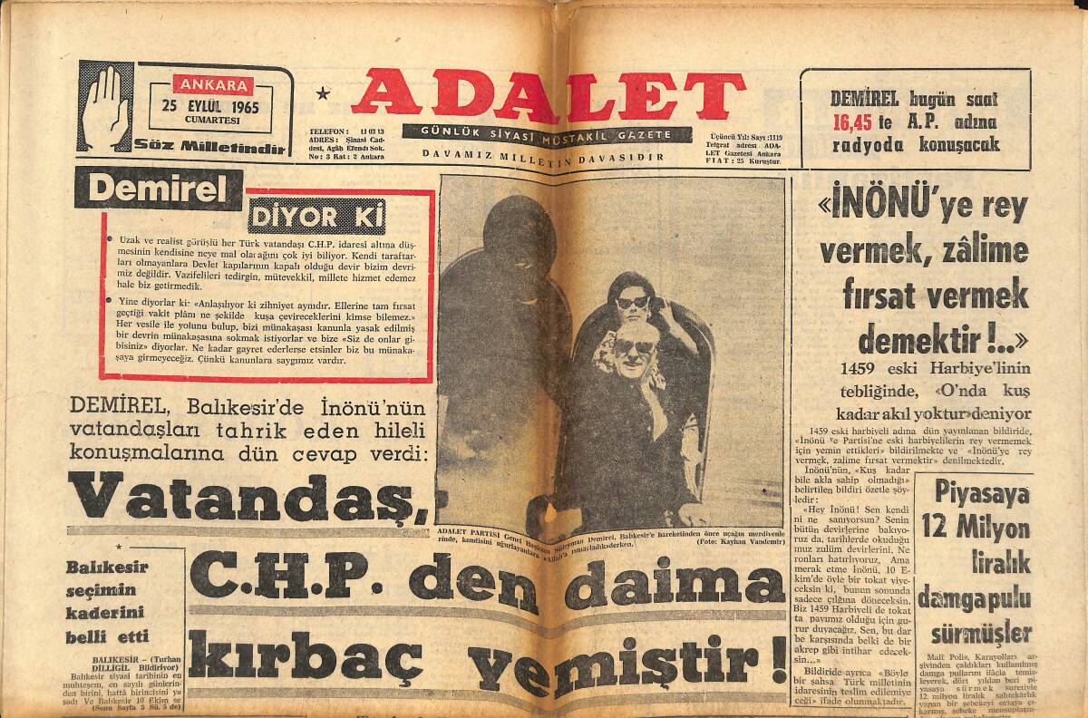 Adalet Gazetesi 25 Eylül 1965 - Vatandaş CHP'den Daima Kırbaç Yemiştir - AP Edirne Ve Elazığ Adayları - Bir Savcının Cür'retkarlığı GZ139587 - 1