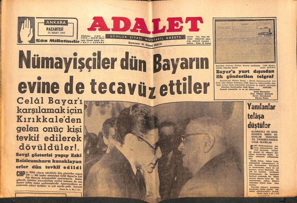 Adalet Gazetesi 25 Mart 1963 - A.P. Genel Merkezi Dün Taşlandı... - Devlet Vekili Mükerrem Sarol'un Da Haksız İktisabı Yok! GZ139632 - 1