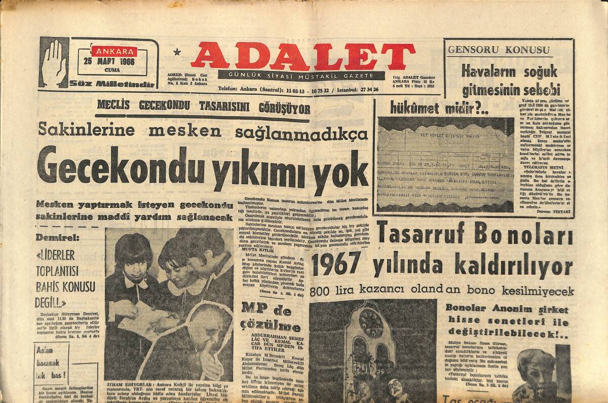 Adalet Gazetesi 25 Mart 1966 - TRT Bilgi Yarışmasını Da Suistimal Etti - Cumhurbaşkanlığı Makamı İçin Yeni Seçim Yapılmalıdır! GZ139841 - 1