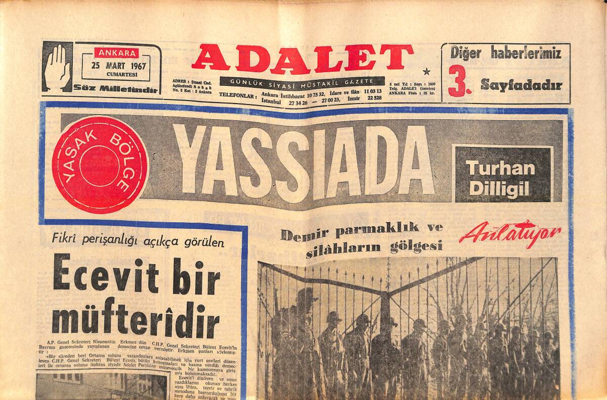 Adalet Gazetesi 25 Mart 1967 - Hülya Koçyiğit Yeni Sevgilisi İle Bir Filmde - Türkan Şoray'ın İki Yıllık Vergi Borcu - M. Ali, Folley'i Nakavt Etti GZ139506 - 1