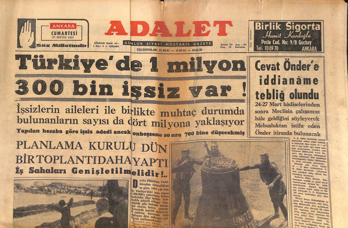 Adalet Gazetesi 25 Mayıs 1963 - Türkiye'de 1 Milyon 300 Bin İşsiz Var! - Sokağa Çıkma Yasağı Bir Saat Kısaltıldı! GZ139681 - 1