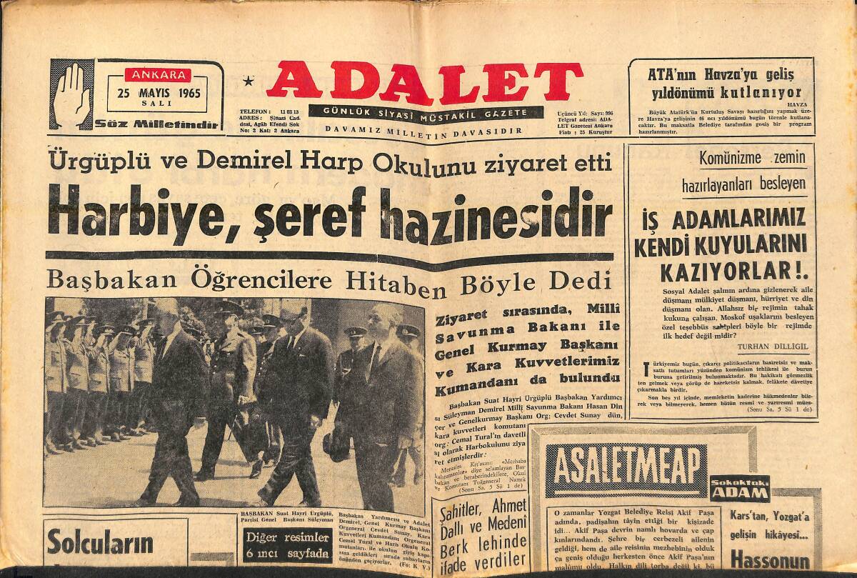 Adalet Gazetesi 25 Mayıs 1965 - Harbiye, Şeref Hazinesidir - Lewiston'da Devler Maçı: C. Clay-Liston - Evliya Çelebi'nin Unutulmaz Hizmeti GZ139759 - 1