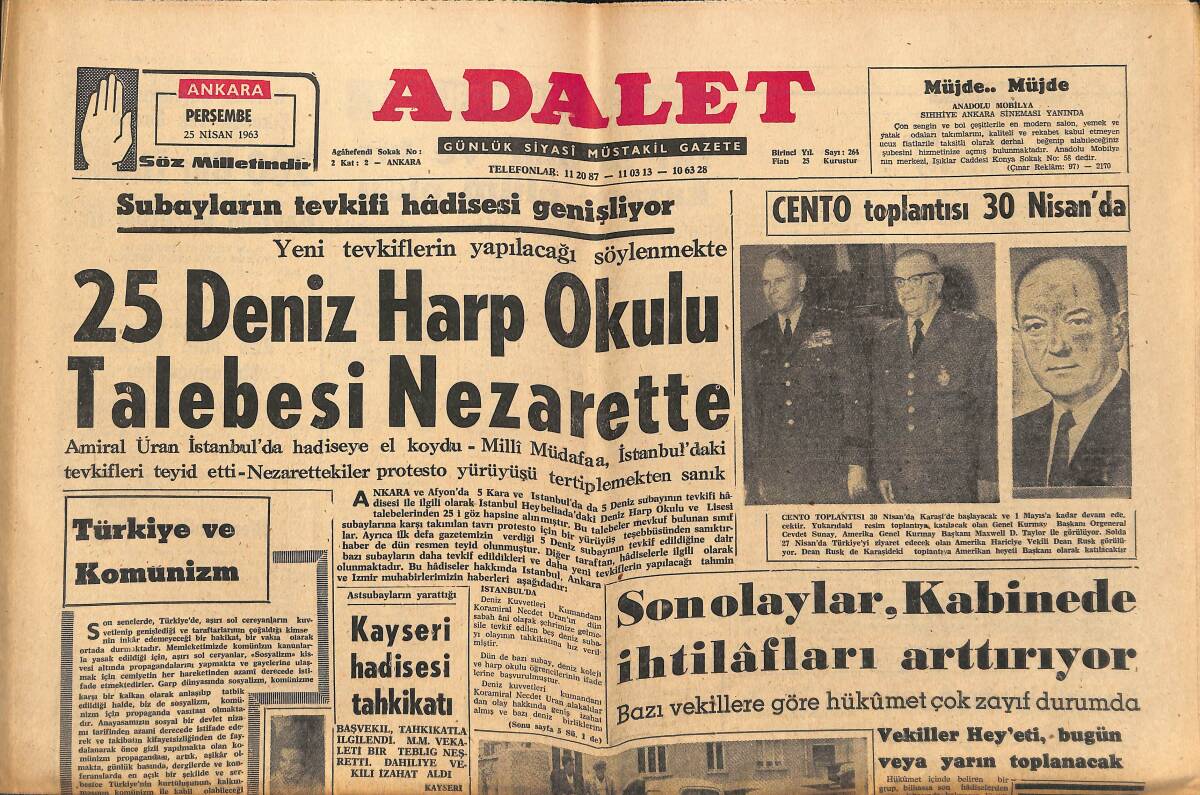 Adalet Gazetesi 25 Nisan 1963 - 25 Deniz Harp Okulu Talebesi Nezarette - CHP İşçi Haklarını Baltalamaktadır! GZ139916 - 1