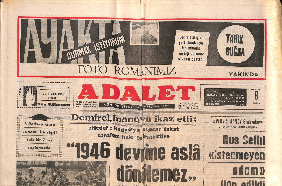 Adalet Gazetesi 25 Nisan 1969 - Demirel, İnönü'yü İkaz Etti - Fenerbahçe Galibiyet Bekliyor - Lübnan'da Örfi İdare Kuruldu GZ138575 - 1