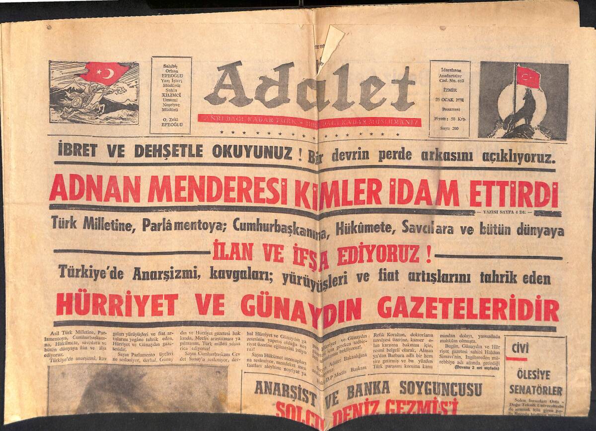 Adalet Gazetesi 25 Ocak 1971 - Adnan Menderes'i Kimler İdam Ettirdi GZ160896 - 1