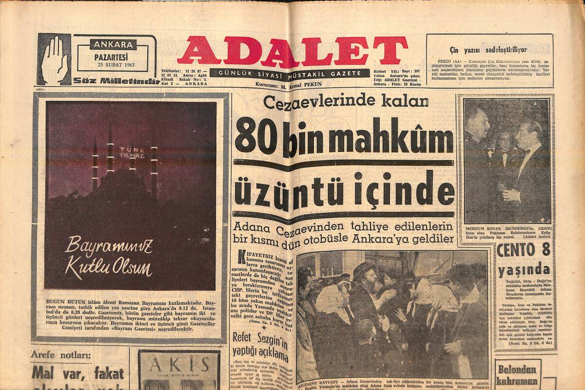 Adalet Gazetesi 25 Şubat 1963 - 80 Bin Mahkum Üzüntü İçinde - Hürriyetten Uzakta Geçen 1005. Gece! GZ139605 - 1
