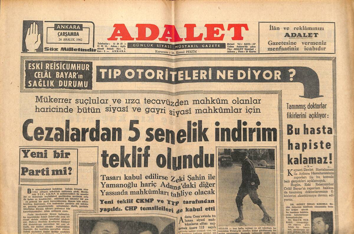 Adalet Gazetesi 26 Aralık 1962 - Cezalardan 5 Senelik İndirim Teklif Olundu - Kayıp Pilot'dan Dün Tamamen Ümit Kesildi! GZ139913 - 1