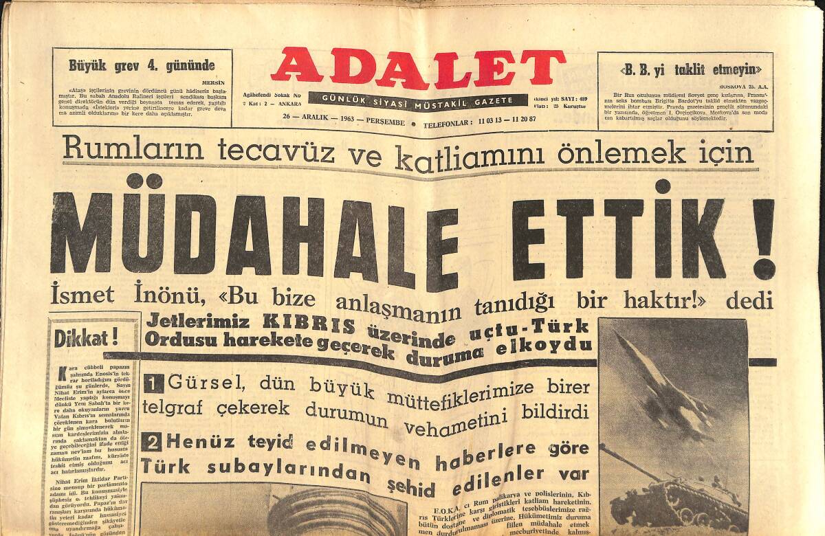 Adalet Gazetesi 26 Aralık 1963 - Rumların Tecavüz Ve Katliamını Önlemek İçin Müdahale Ettik - Berlin'in Hürriyeti Yolundaki Mücadelesi GZ139707 - 1