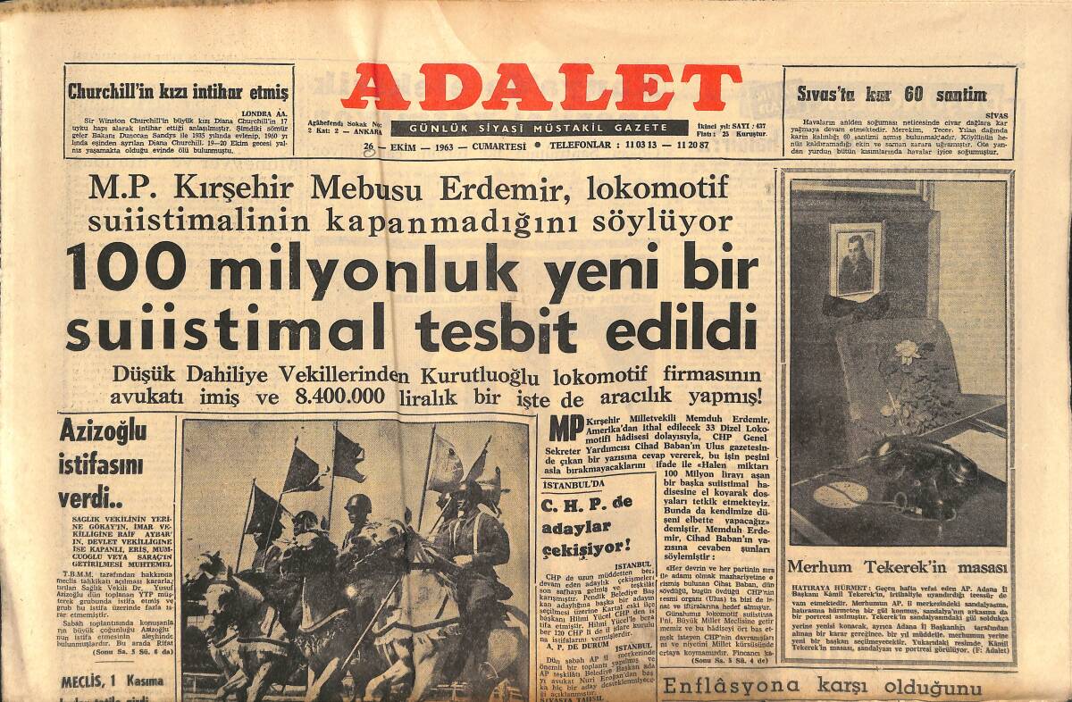Adalet Gazetesi 26 Ekim 1963 - 100 Milyonluk Yeni Bir Suistimal Tesbit Edildi - A.P. Adana Ticaret Odası Seçimini De Kahir Şekilde Aldı! GZ139677 - 1
