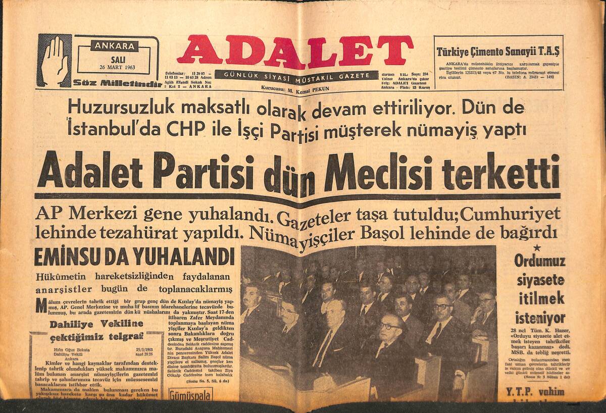 Adalet Gazetesi 26 Mart 1963 - Adalet Partisi Dün Meclisi Terketti - Y.T.P Vahim Akibetlere Dikkati Çekti! GZ139629 - 1