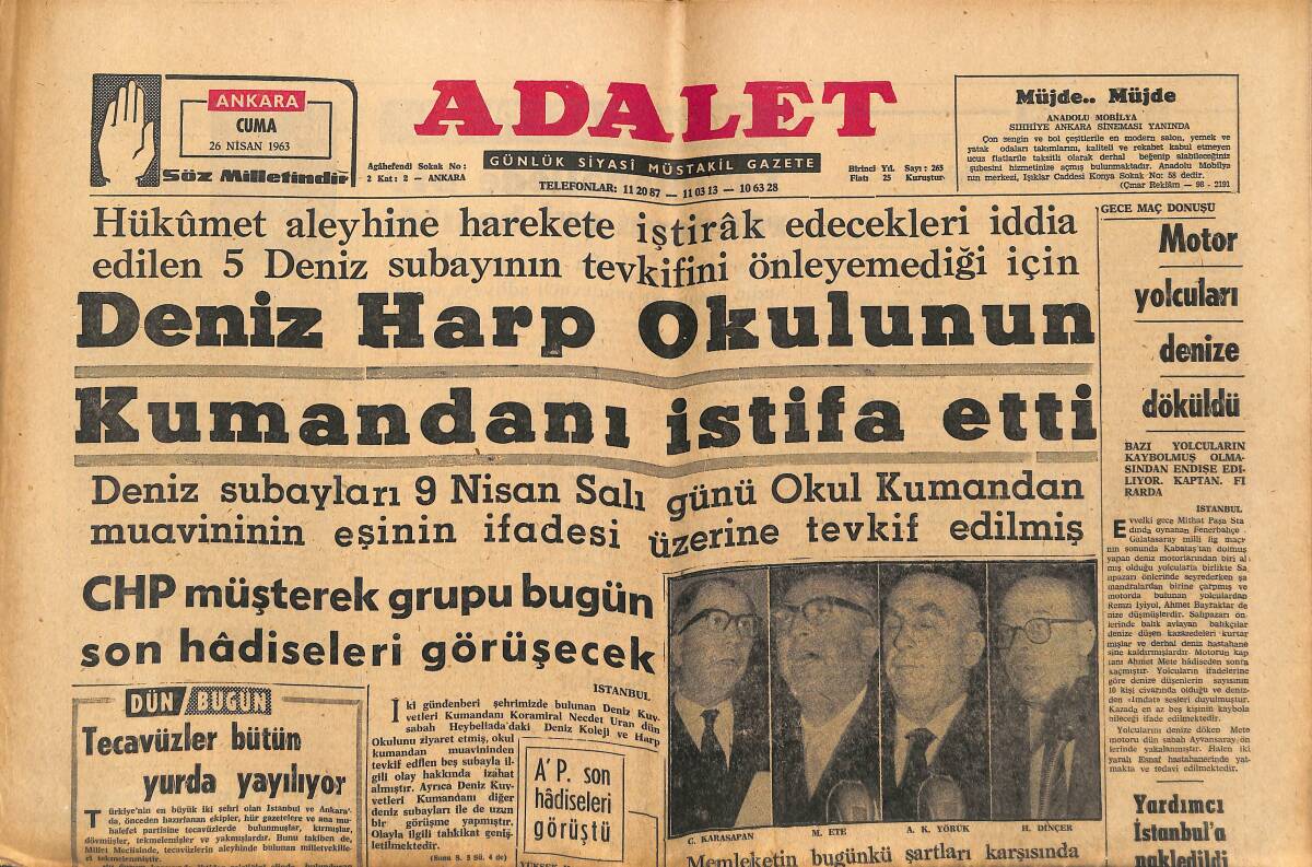 Adalet Gazetesi 26 Nisan 1963 - Deniz Harp Okulunun Kumandanı İstifa Etti - CKMP Milli Bir Koalisyon İstiyor! GZ139915 - 1