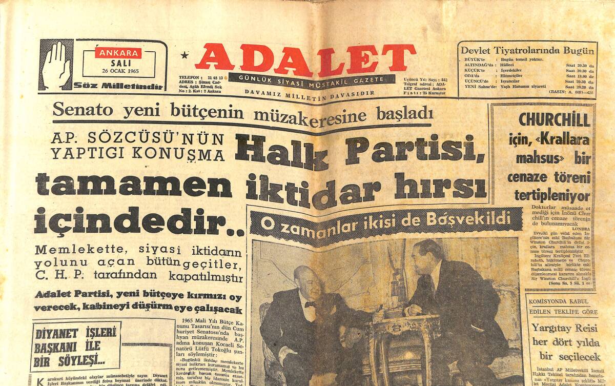 Adalet Gazetesi 26 Ocak 1965 - Medrese Kafası İle Üniversite Yönetmek - CHP'nin En Son Taktiği - Senato Yeni Bütçenin Müzakeresine Başladı GZ139746 - 1