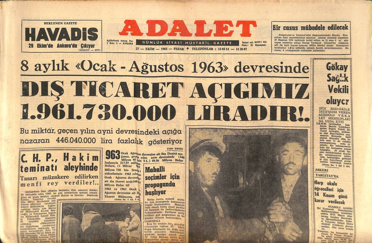 Adalet Gazetesi 27 Ekim 1963 - CHP Adana'da Hezimete Uğradı! - Mahalli Seçimler İçin Propaganda Başlıyor! GZ139676 - 1