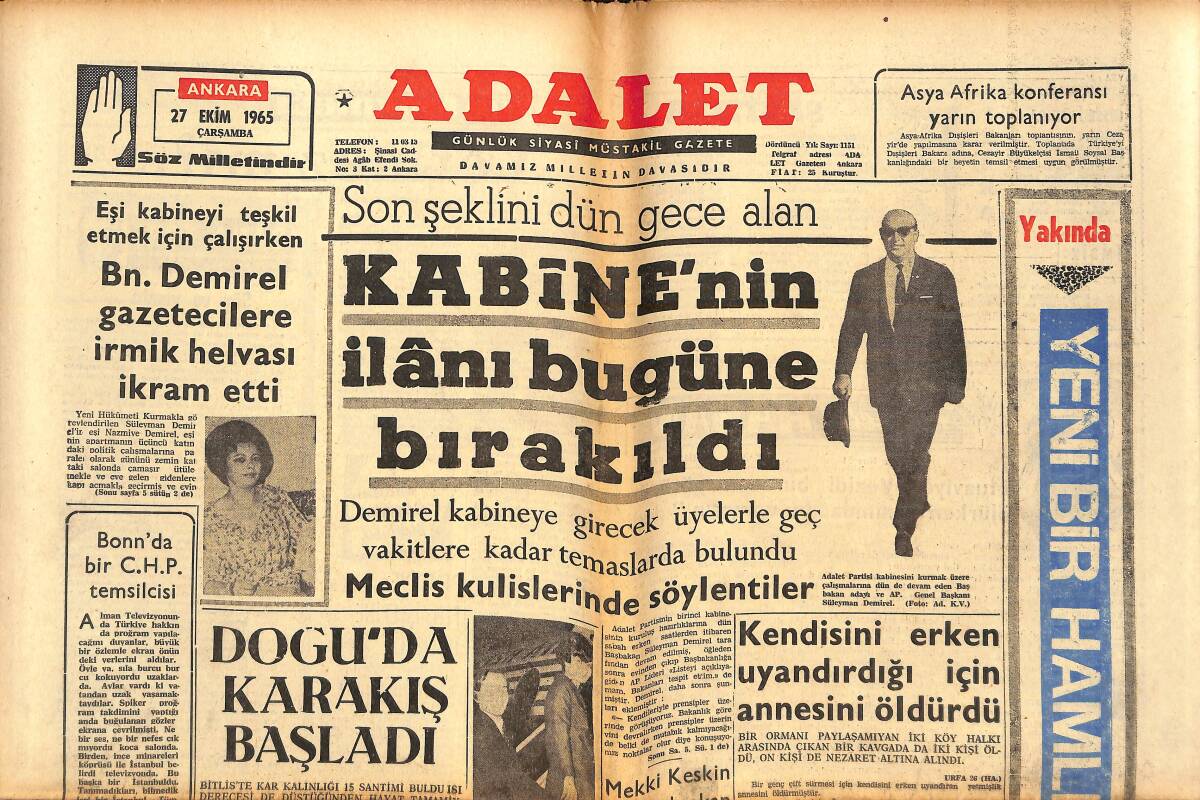 Adalet Gazetesi 27 Ekim 1965 - Başkan Demirel Gazetecilere İrmik Helvası İkram Etti - Frank Sinatra'nın Kızı Rossano Brazzi İle Film Çeviriyor GZ139551 - 1