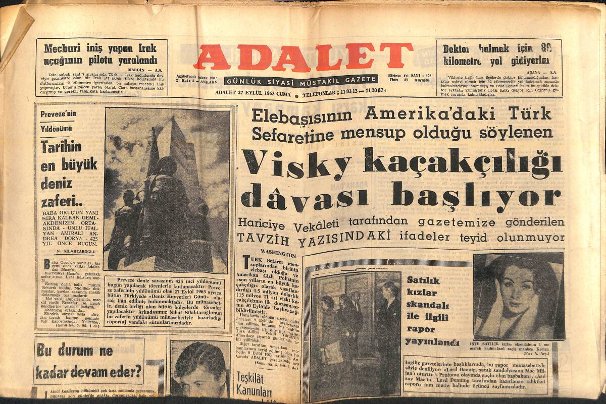 Adalet Gazetesi 27 Eylül 1963 - Satılık Kızlar Skandalı İle İlgili Rapor Yayınlandı - Satılık Kız Skandalında İlk İsim Christine Keeler GZ139738 - 1