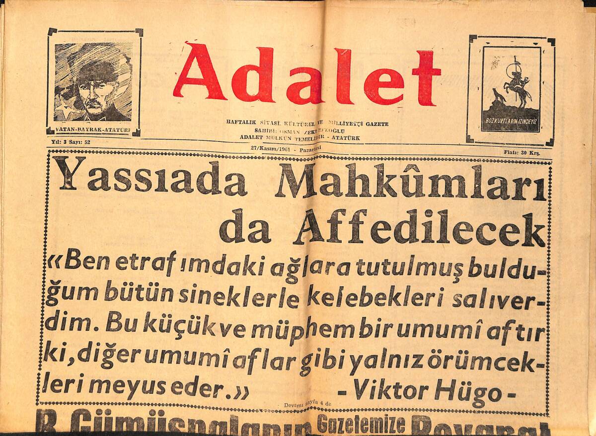 Adalet Gazetesi 27 Kasım 1961 - Yassıada Mahkumları da Affedilecek - CHP'nin Fedakarlığı GZ154370 - 1