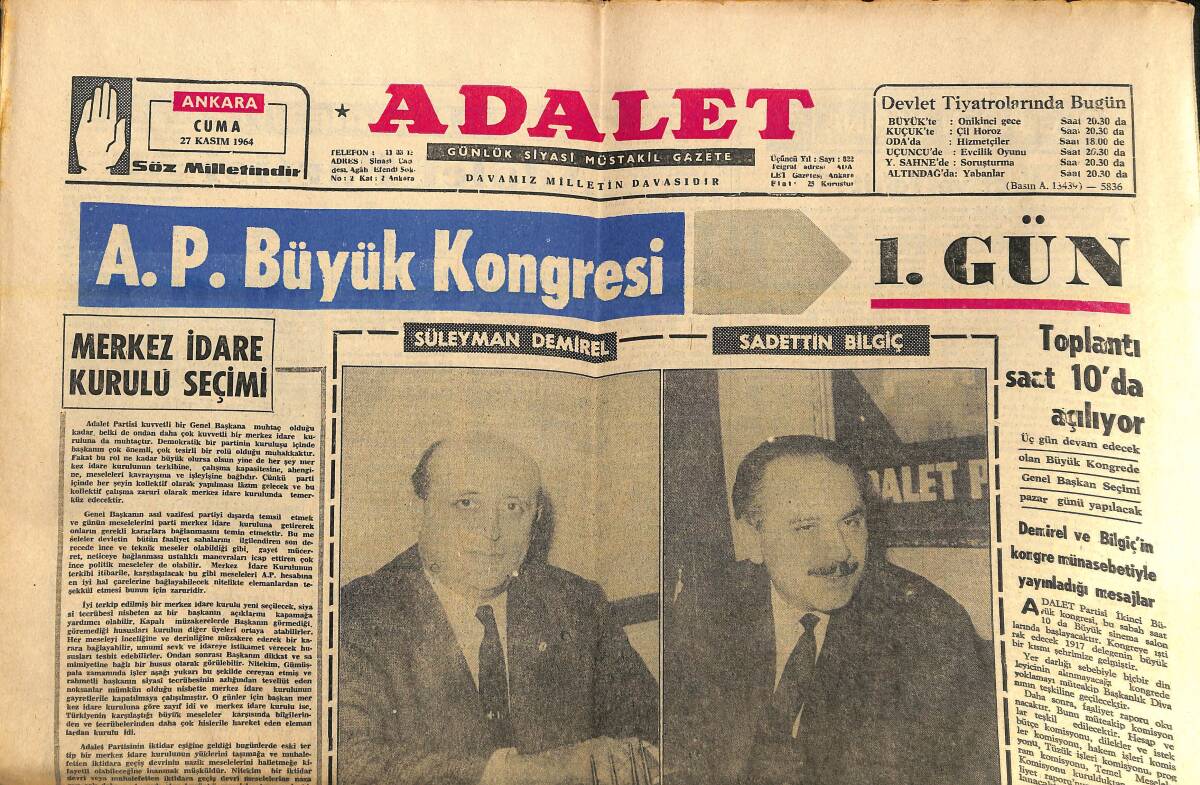Adalet Gazetesi 27 Kasım 1964 - Mezarlık Arsalarında Da Suistimal! - AP'NİN Başarısı! GZ139866 - 1