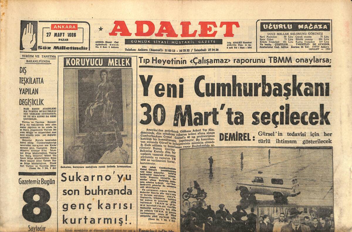 Adalet Gazetesi 27 Mart 1966 - Süleyman Demirel İlk Defa Tiyatroya Gitti - Maliye Müfettişleri Öğretmenler Bankası İçin Tahkikat Açtı GZ139840 - 1