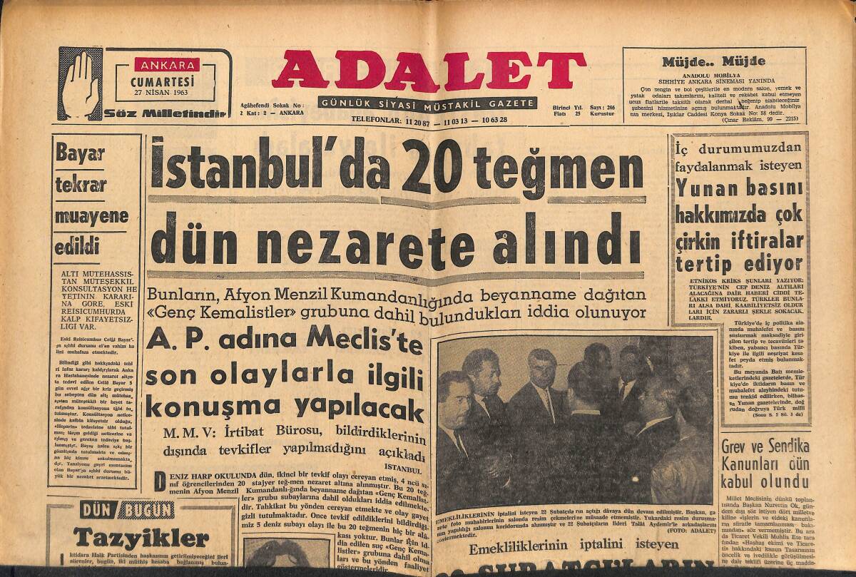 Adalet Gazetesi 27 Nisan 1963 - İstanbul'da 20 Teğmen Dün Nezarete Alındı - Celal Bayar Tekrar Muayene Edildi! GZ139914 - 1