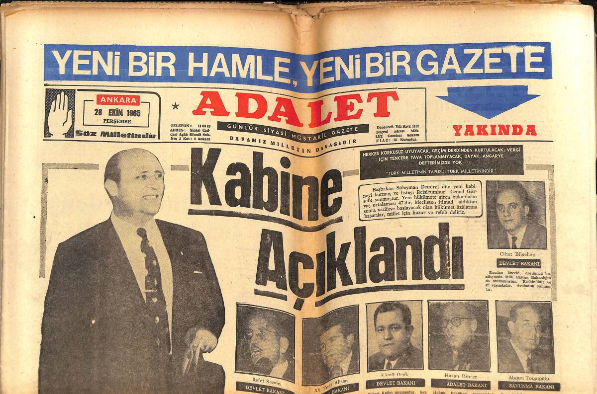 Adalet Gazetesi 28 Ekim 1965 - Kabine Açıklandı - Başbakan Demirel'in Biyografisi - Beatles Dörtlüsünden Ringo Star Saçlarını Kestirdi GZ139552 - 1
