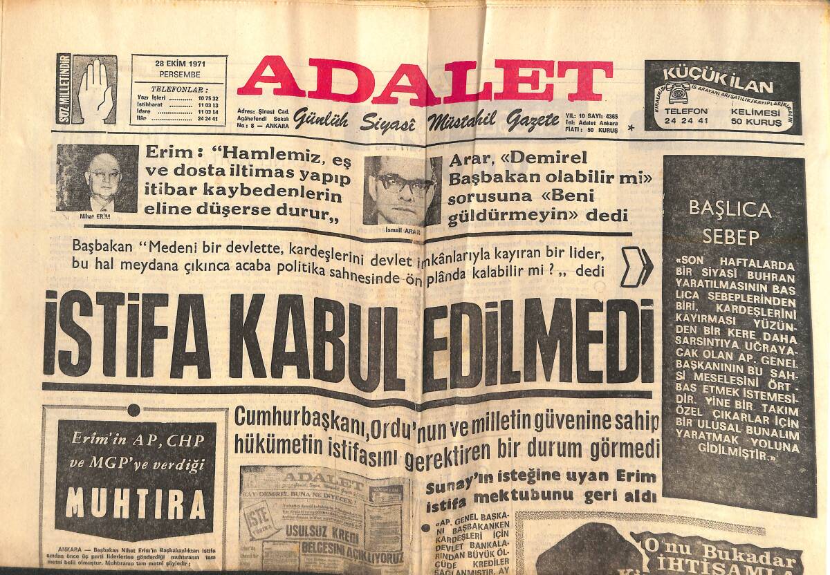 Adalet Gazetesi 28 Ekim 1971 - Güney Yemen'de Komplo: İhtilal Hazırlayan General Öldürüldü! - İstifa Kabul Edilmedi! GZ139484 - 1