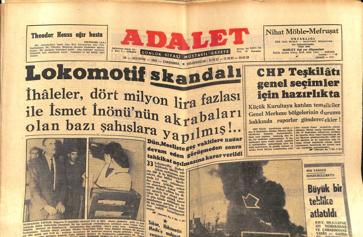 Adalet Gazetesi 28 Eylül 1963 - Lokomotif Skandalı - Kızıl Haç'ın 100. Yıldönümü Kutlanıyor - Theodor Heuss Ağır Hasta GZ139742 - 1