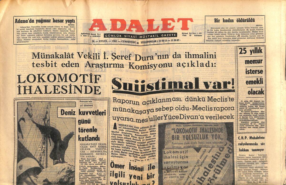 Adalet Gazetesi 28 Eylül 1963 - Ömer İnönü İle İlgili Yeni Bir Yolsuzluk Mu? - Charles Aznavour Sırılsıklam Aşık Olduğu Sevgilisi İle GZ139739 - 1