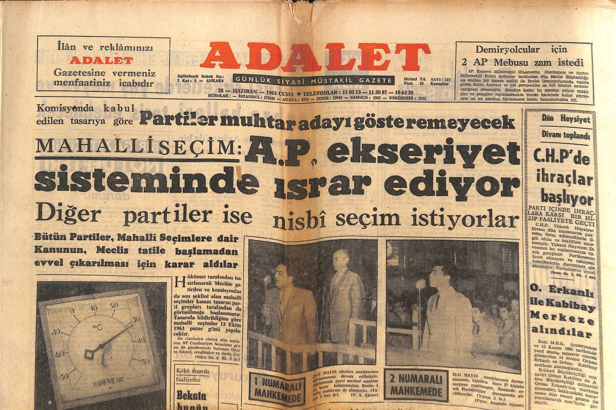 Adalet Gazetesi 28 Haziran 1963 - Kabine'de Görüş Ayrılıkları Var - A.P. Partisi Ekseriyet Sisteminde Israr Ediyor! GZ139699 - 1