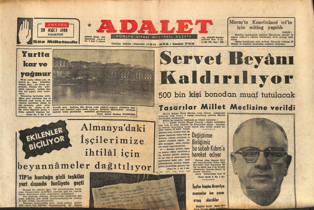 Adalet Gazetesi 28 Mart 1966 - Bayan Gürsel Hastanede Eşini Ziyaret Etti - Servet Beyanı Kaldırılıyor! GZ139839 - 1