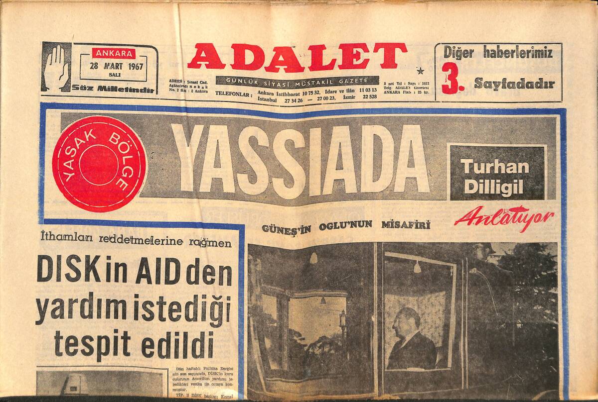 Adalet Gazetesi 28 Mart 1967 - İran Şahı Rıza Pehlevi, Brigitte Bardot'a Hayran - DİSK'in AİD'den Yardım İstediği Tespit Edildi GZ139509 - 1
