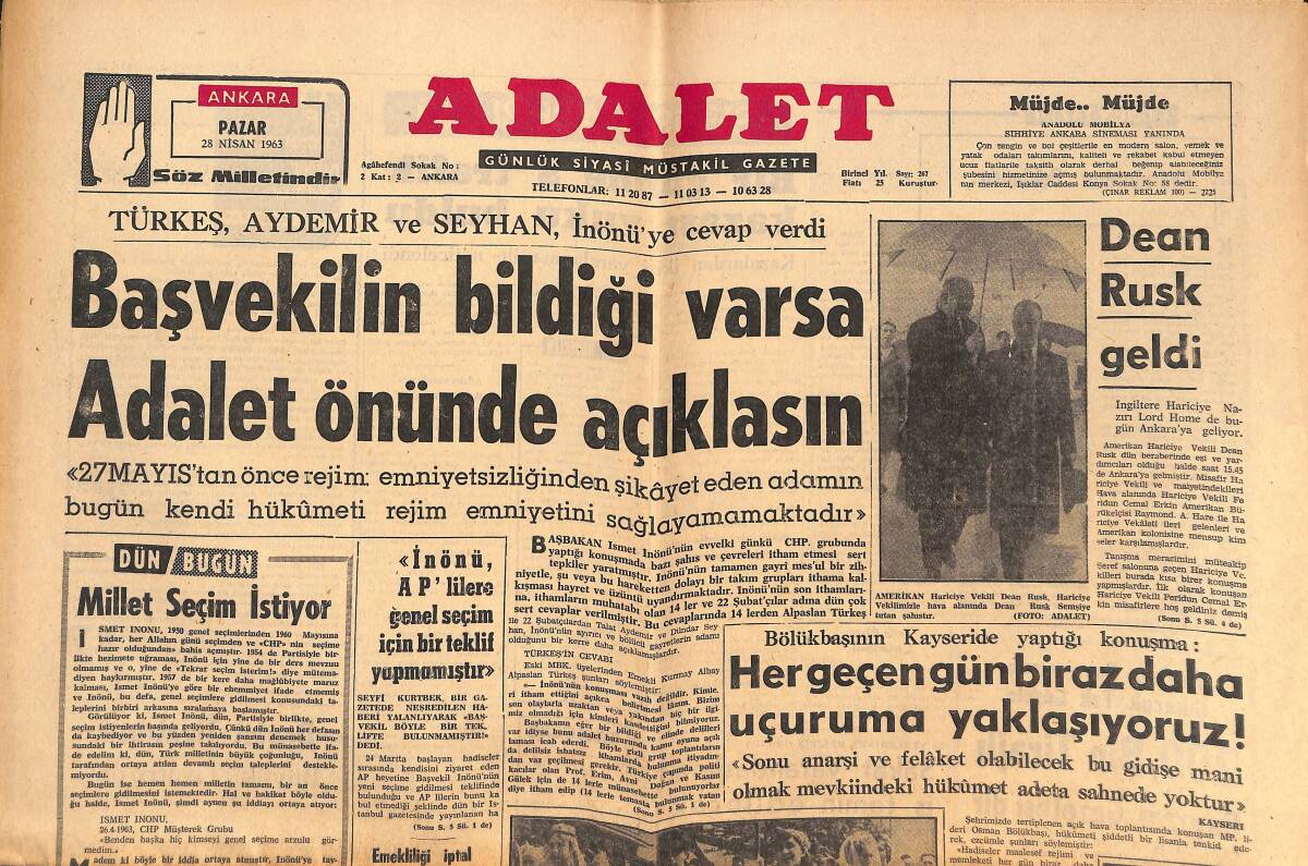 Adalet Gazetesi 28 Nisan 1963 - Alpaslan Türkeş, Aydemir Ve Seyhan, İnönü'ye Cevap Verdi! - Paris'e Dehşet Saçan Panter! GZ139861 - 1
