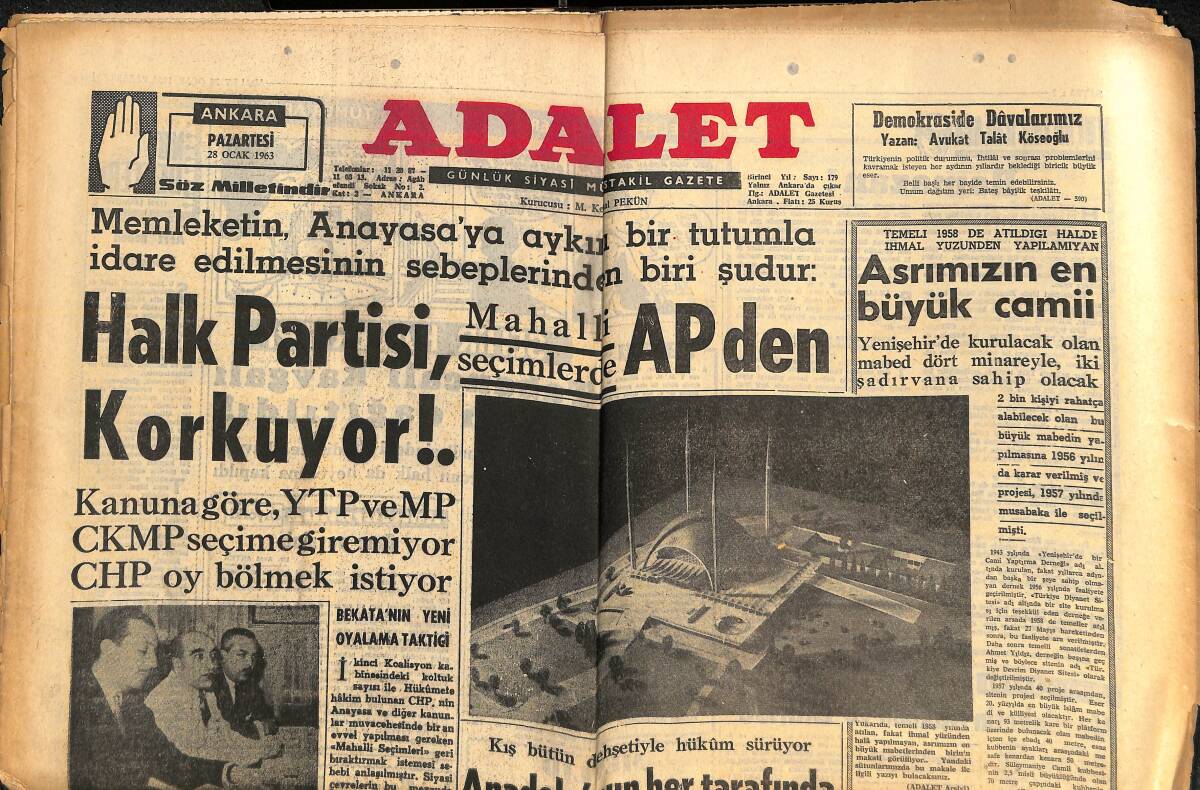 Adalet Gazetesi 28 Ocak 1963 - Halk Partisi Mahalle Seçimlerinde AP'den Korkuyor - Kennedy'nin Batı Almanya'ya İhtarı - Asrımızın En Büyük Camii GZ139559 - 1