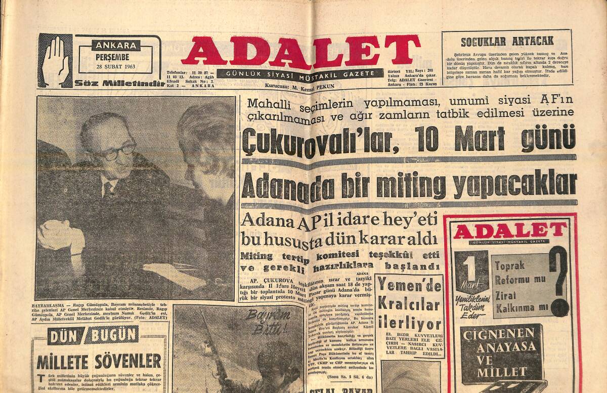 Adalet Gazetesi 28 Şubat 1963 - Galatasaray Galibiyeti Çok Zor Aldı! - Celal Bayar Ziyaret Edildi! GZ139606 - 1