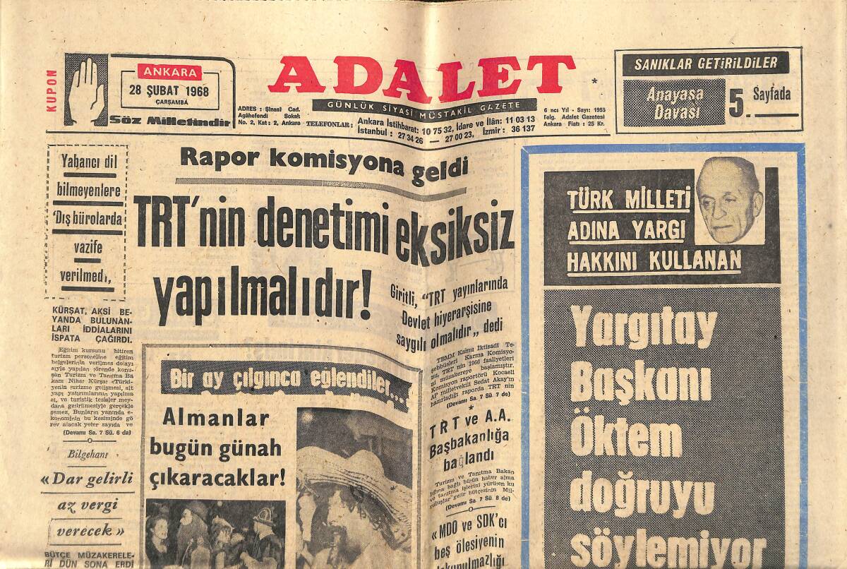 Adalet Gazetesi 28 Şubat 1968 - Guenther Sachs Eşi Brigitte Bardot İle - Zeki Müren'in Yeni Ceketi Tam 19 Kilo GZ143274 - 1
