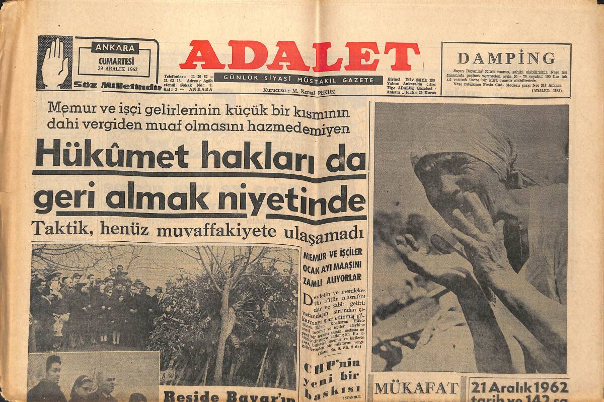 Adalet Gazetesi 29 Aralık 1962 - Hükümet Hakları Da Geri Almak Niyetinde - Egesel Yargıtay İnzibat Meclisi'ne Sevk Ediliyor GZ139908 - 1