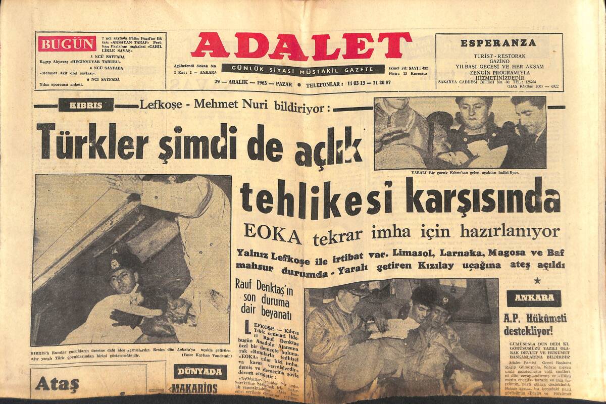 Adalet Gazetesi 29 Aralık 1963 - Türkler Şimdi De Açlık Tehlikesi Karşısında - Mehmet Akif Ersoy GZ139710 - 1
