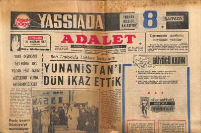 Adalet Gazetesi 29 Haziran 1967 - Batı Trakyada Türklere Baskı Arttı . Yunanistanı İkaz Ettik GZ121787 - 1