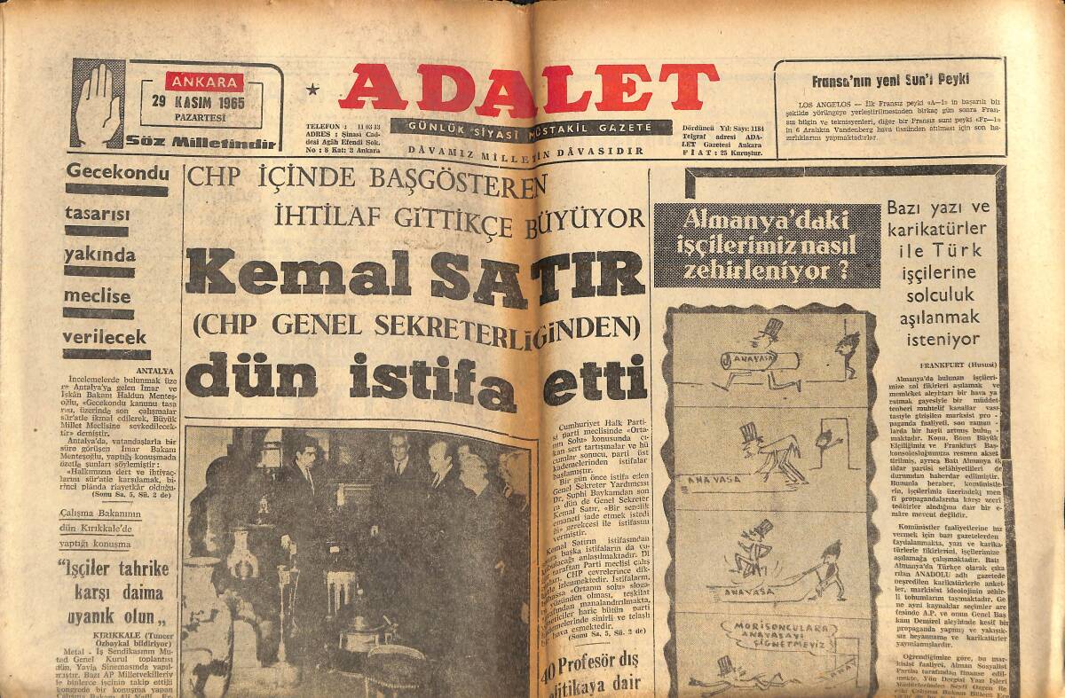 Adalet Gazetesi 29 Kasım 1965 - Kemal Sater Dün İstifa Etti - Galatasaray 2-1 Galip - Demirel'i Ziyaret Eden Heyetler GZ139558 - 1