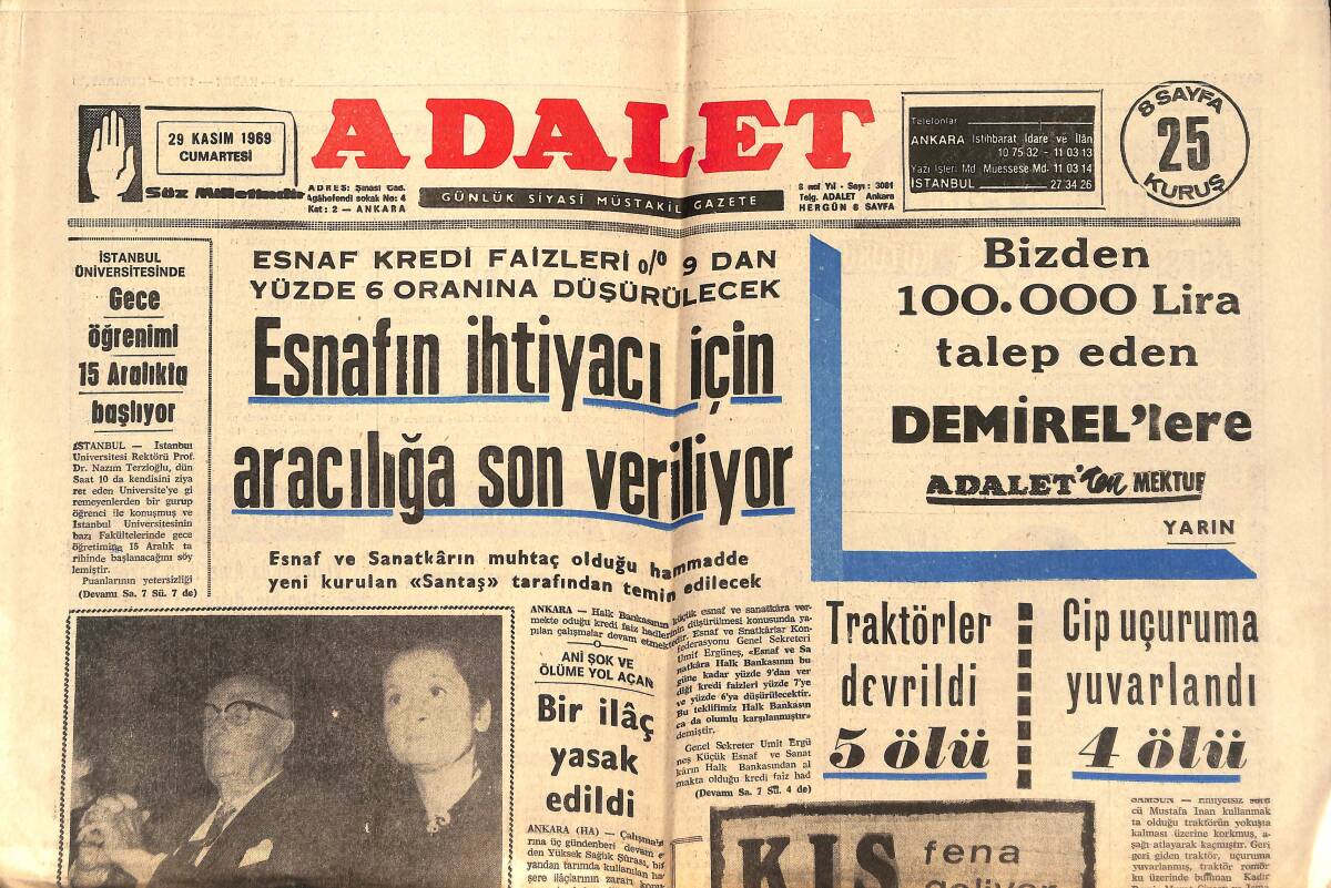 Adalet Gazetesi 29 Kasım 1969 - Esnafın İhtiyacı İçin Aracılığa Son Veriliyor! - Celal Bayar Tiyatro'da! GZ139665 - 1