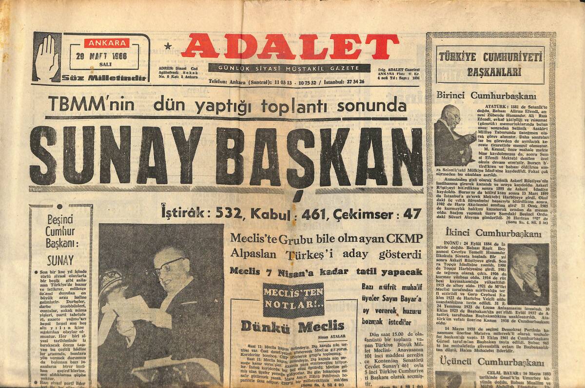 Adalet Gazetesi 29 Mart 1966 - TBMM'NİN Dün Yaptığı Toplantı Sonunda Cevdet Sunay Başkan - Süleyman Demirel , Cevdet Sunay İle İlgili Açıklama Yaptı! GZ139838 - 1
