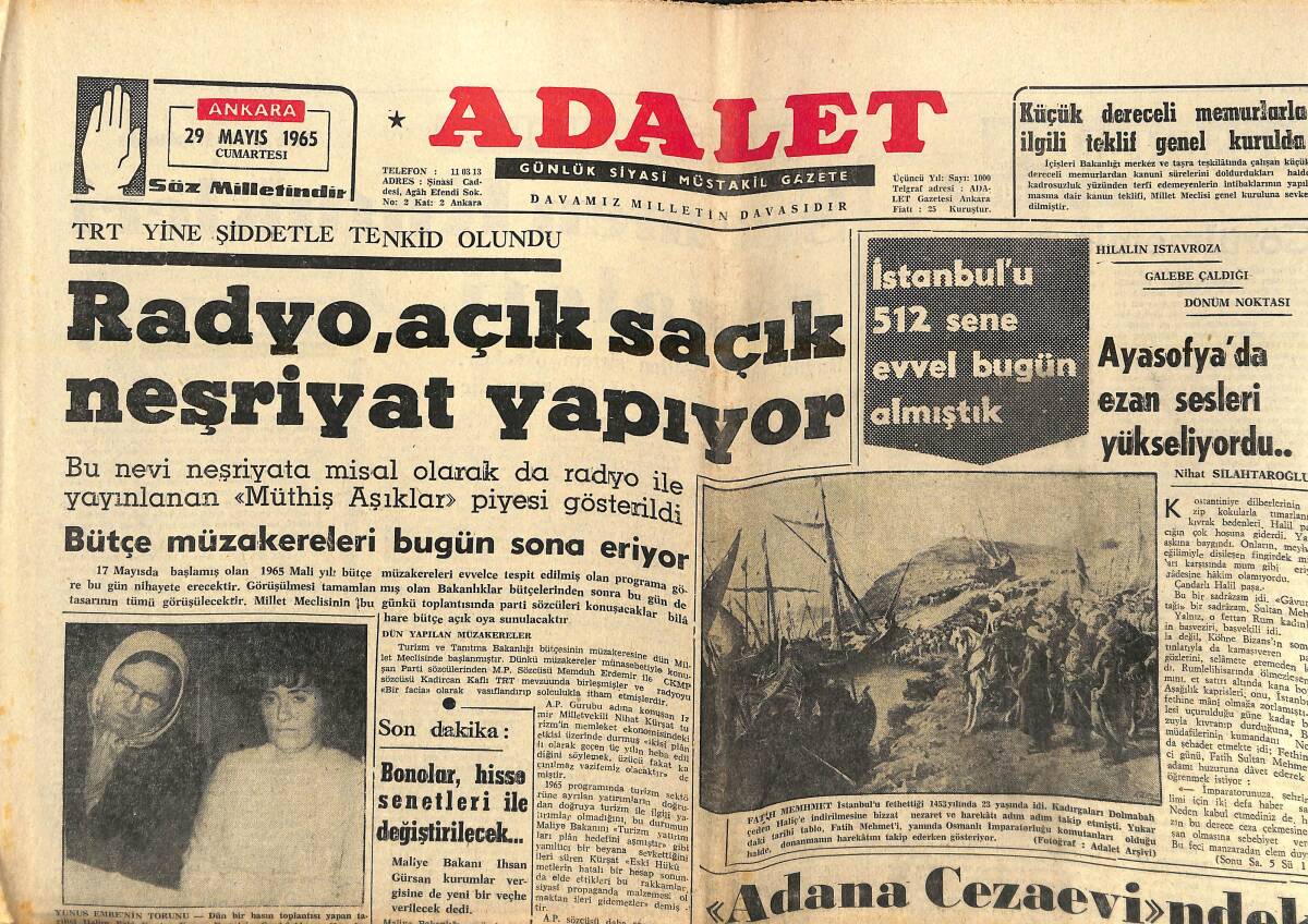 Adalet Gazetesi 29 Mayıs 1965 - Radyo, Açık Saçık Neşriyat Yapıyor - Adana Cezaevi'ndeki İsyan Bastırılamadı! GZ139865 - 1