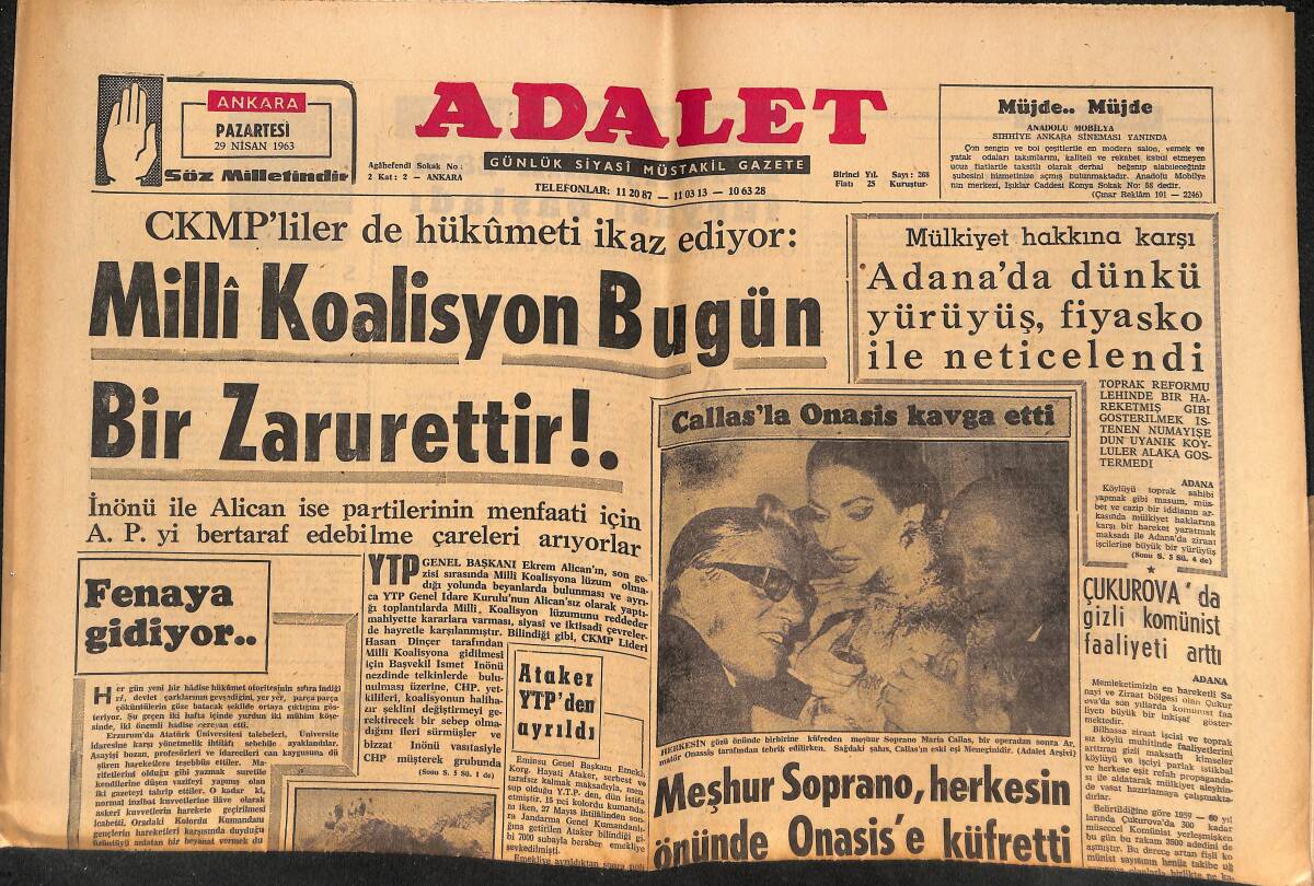 Adalet Gazetesi 29 Nisan 1963 - CKMP'liler De Hükümeti İkaz Ediyor! - Çukurova'da Gizli Komünist Faaliyeti Arttı! GZ139862 - 1