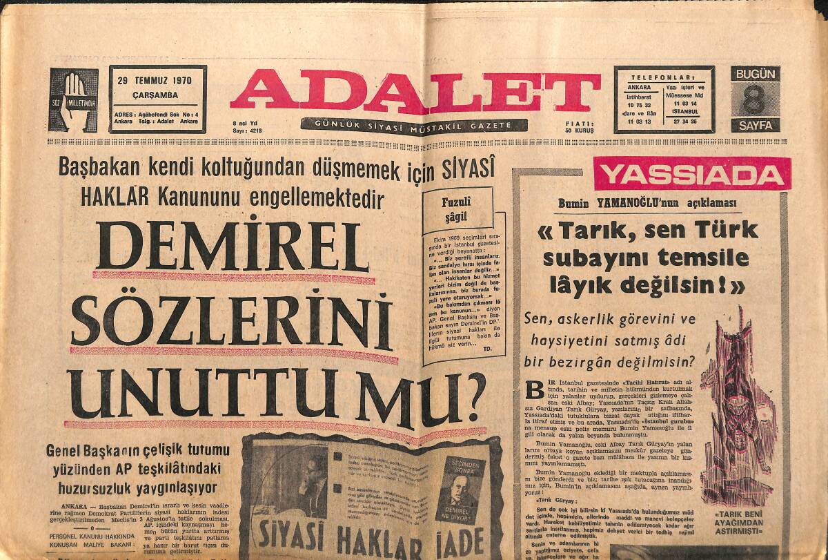 Adalet Gazetesi 29 Temmuz 1970 - Süleyman Demirel Sözlerini Unuttun Mu? - Üç Azılı Firari Katil Amasya'yı Birbirine Kattı! GZ139647 - 1