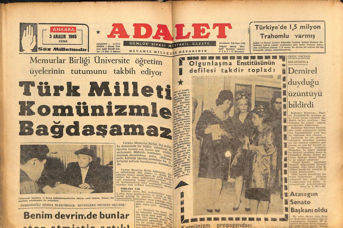 Adalet Gazetesi 3 Aralık 1965 - Türk Milleti Komünizmle Bağdaşamaz - Metin Oktay'ın Form Grafiği Yükseliyor - Demirel Duyduğu Üzüntüyü Bildirdi GZ139571 - 1