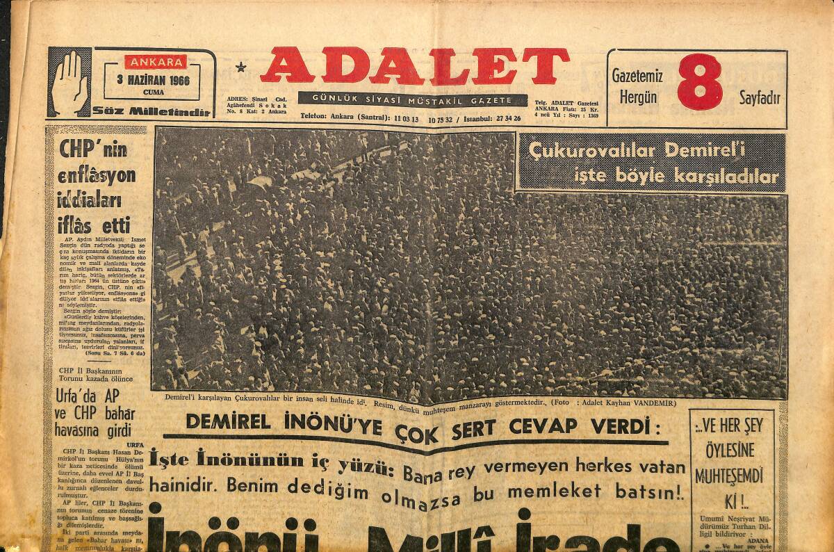 Adalet Gazetesi 3 Haziran 1966 - İzmir'de Flört Serbest - Çukurovalılar Demirel'i İşte Böyle Karşıladılar GZ160458 - 1