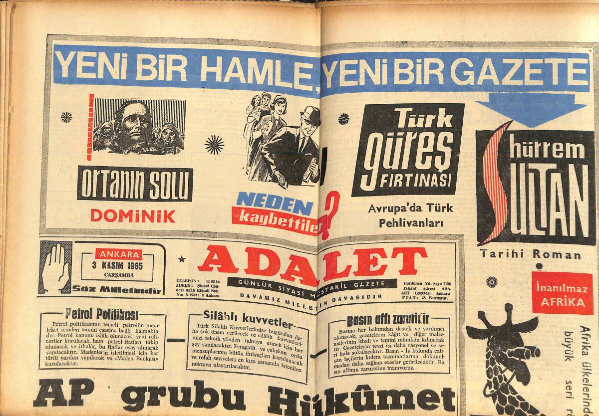 Adalet Gazetesi 3 Kasım 1965 - Hollywood'un Paramount Stüdyolarında Yangın Çıktı - Göztepe München Önünde - AP Grubu Hükümet Programını Görüştü GZ139553 - 1
