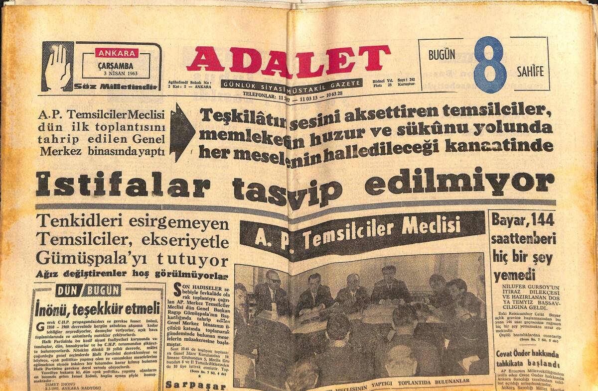 Adalet Gazetesi 3 Nisan 1963 - Kütahya'da 16 Yaşında Bir Talebe Sinema Makinesi Yaptı - Bayar, 144 Saatten Beri Hiçbir Şey Yemedi GZ138570 - 1
