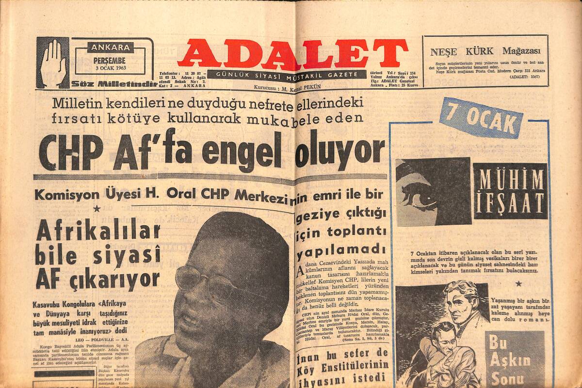 Adalet Gazetesi 3 Ocak 1963 - CHP Af'ta Engel Oluyor! - Türkiye'nin Dış Politikası Yeniden Gözden Geçirilecek! GZ139662 - 1